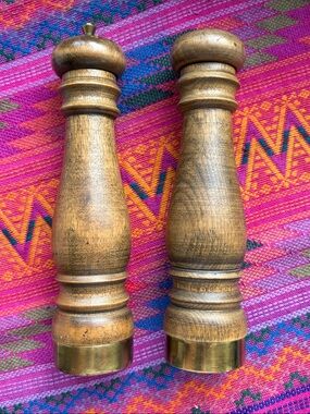 Mid century Modern Wooden Salt and Pepper Mill Set with Brass Bottoms